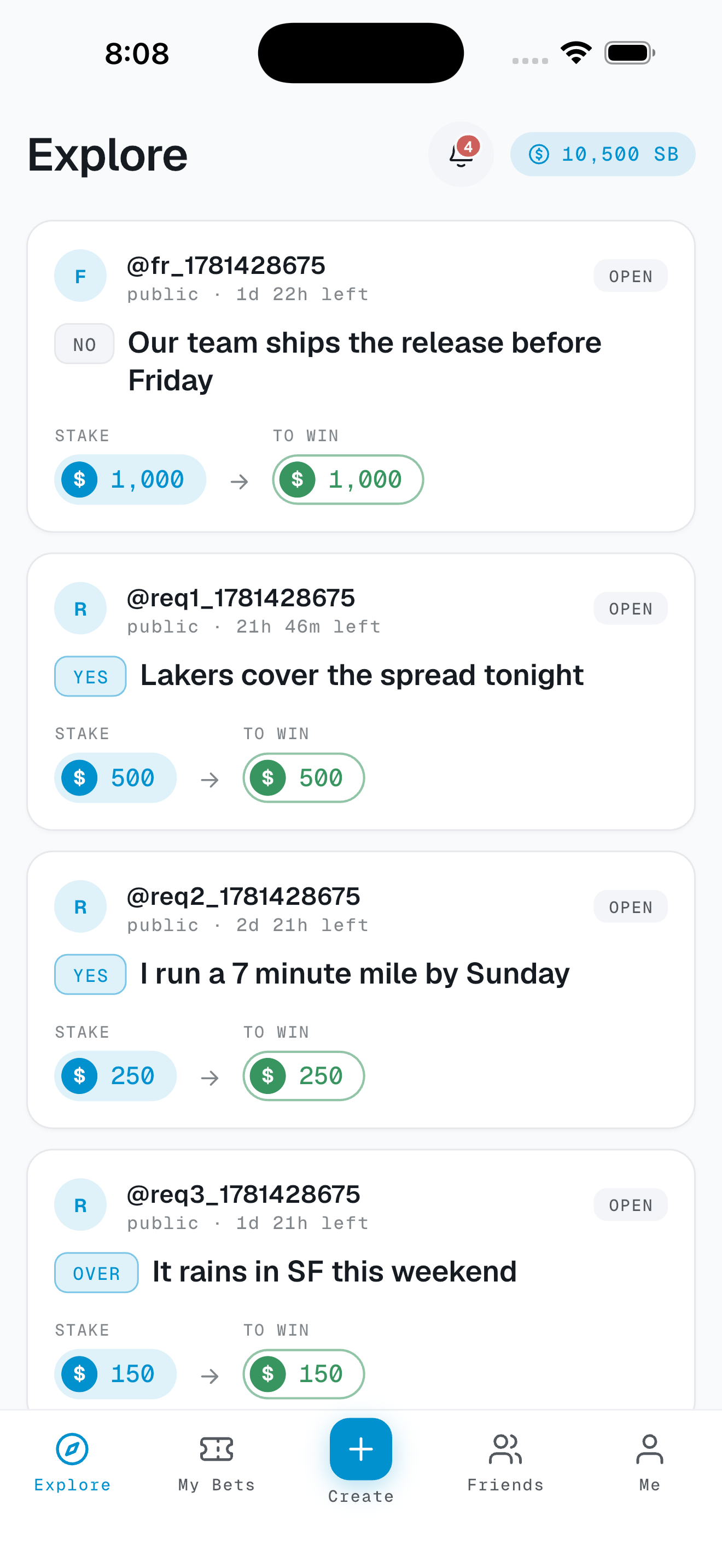 Shake app — the Explore feed of open bets