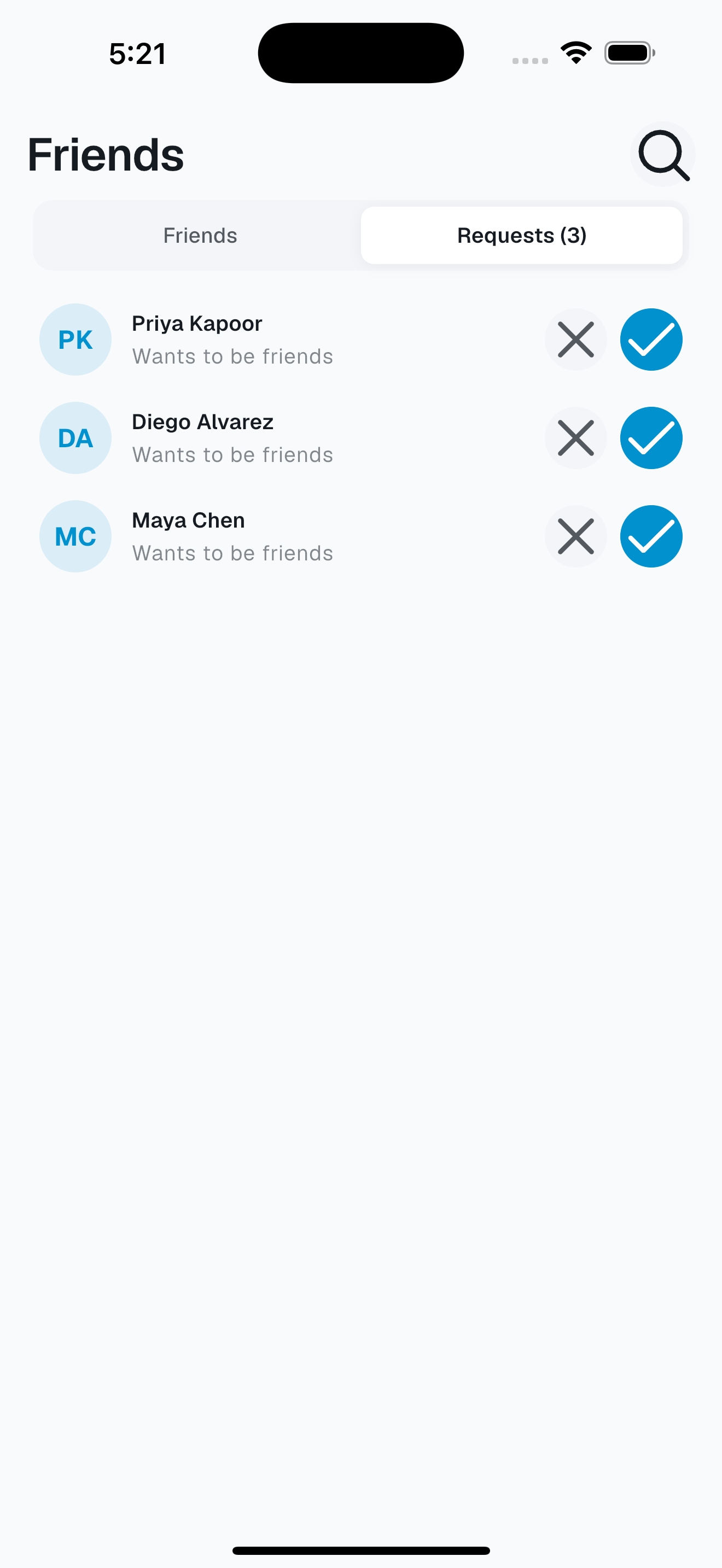Friend requests in Shake